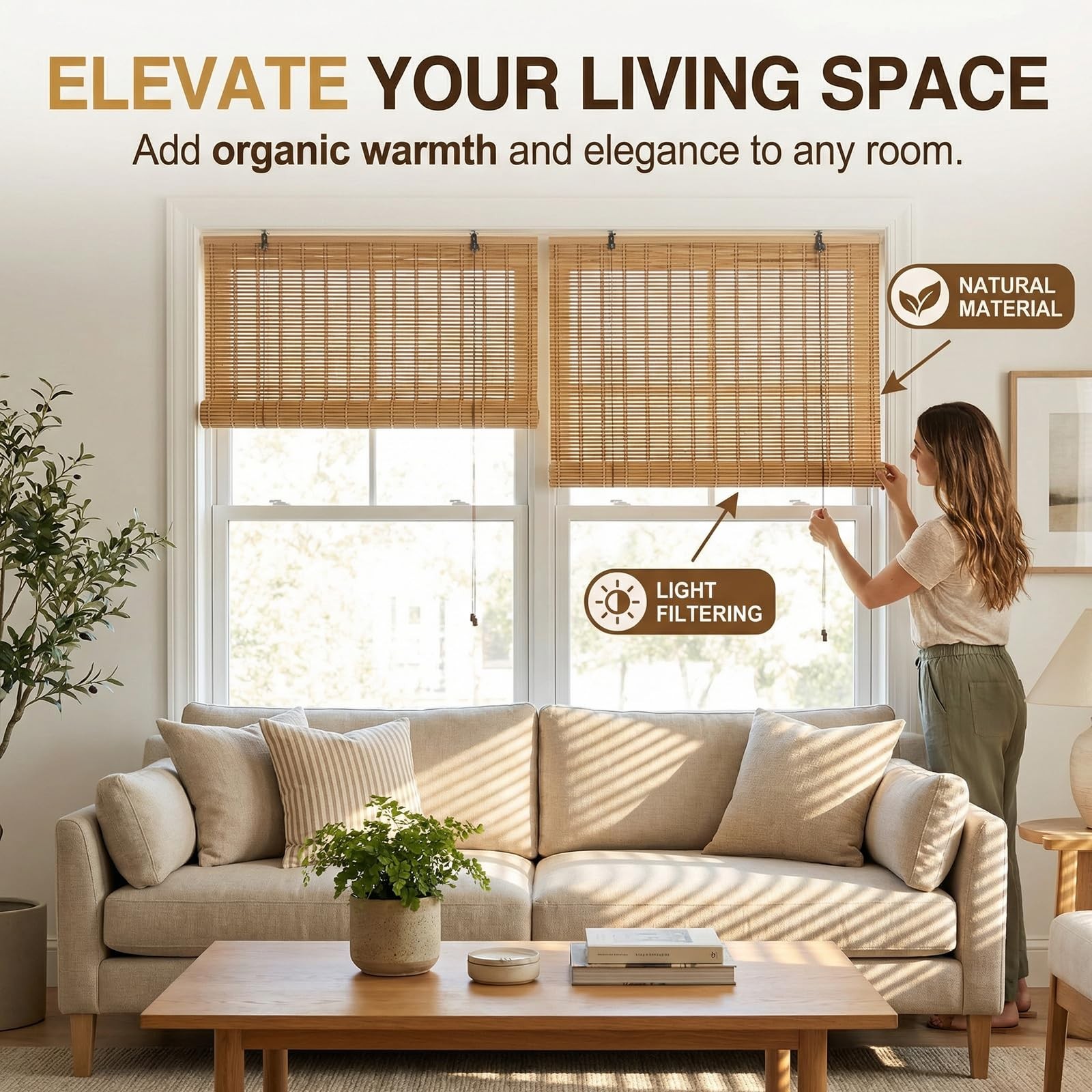 HIAPES Bamboo Blinds for Interior Window, Shades 36″W x 72″H, Brown-2