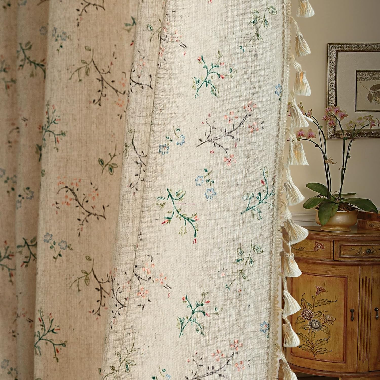 Bohemian Floral Semi-Sheer Curtains 84″ – 4 Panels with Tassels, Beige