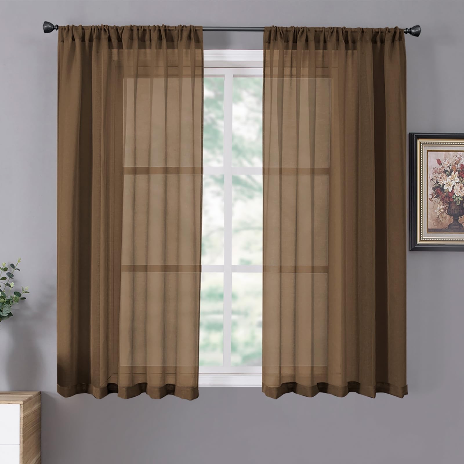 Tollpiz Short Sheer Curtain Linen Textured 42″W x 54″L (Pack of 2), Brown