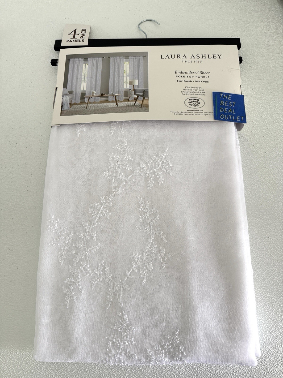 Laura Ashley Window Curtains 4 Panels 38 x 96″ Snow White Embroidered Sheer