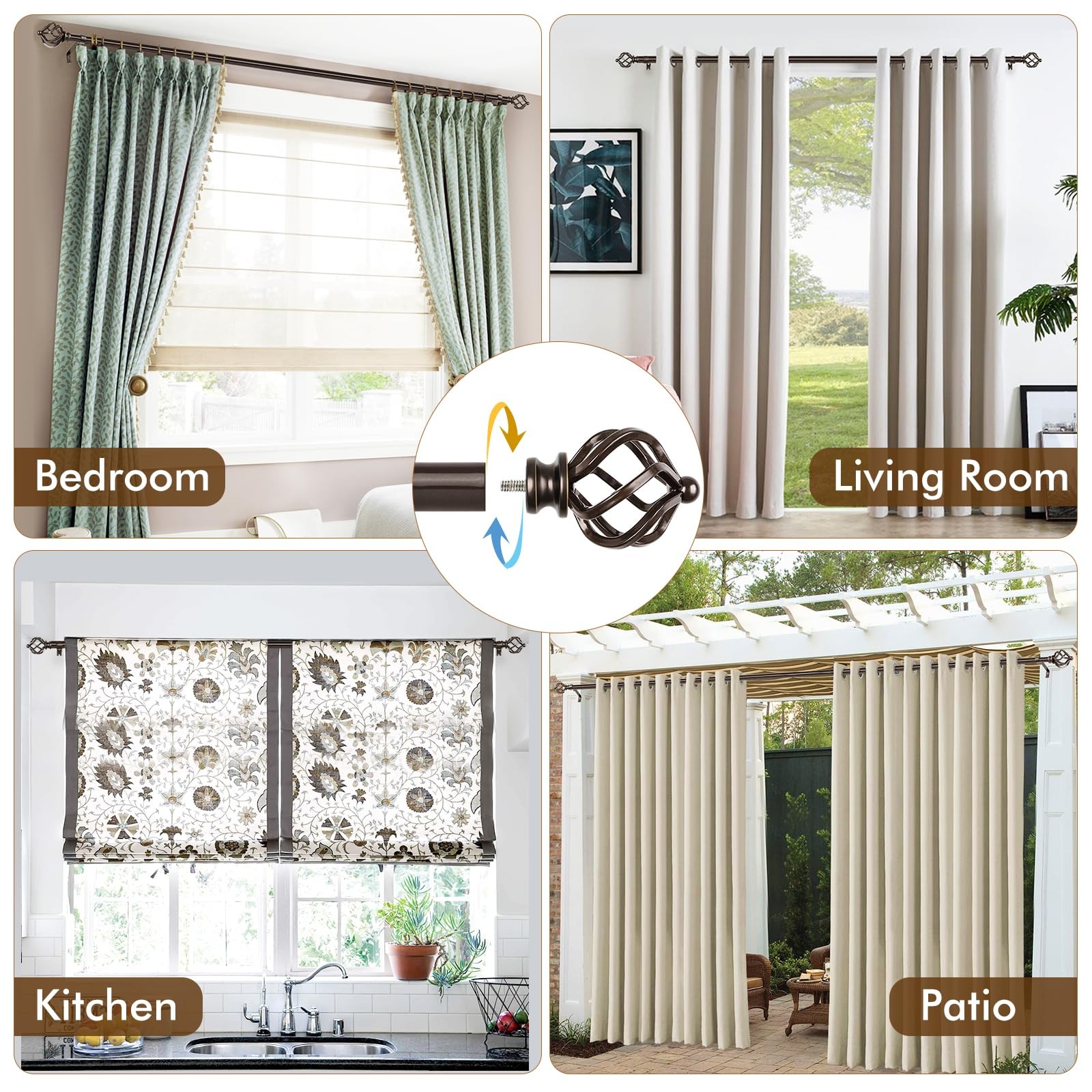 KAMANINA Curtain Rods for Windows 66 to 120 Inch, 3/4 Inch 66-120″, Bronze