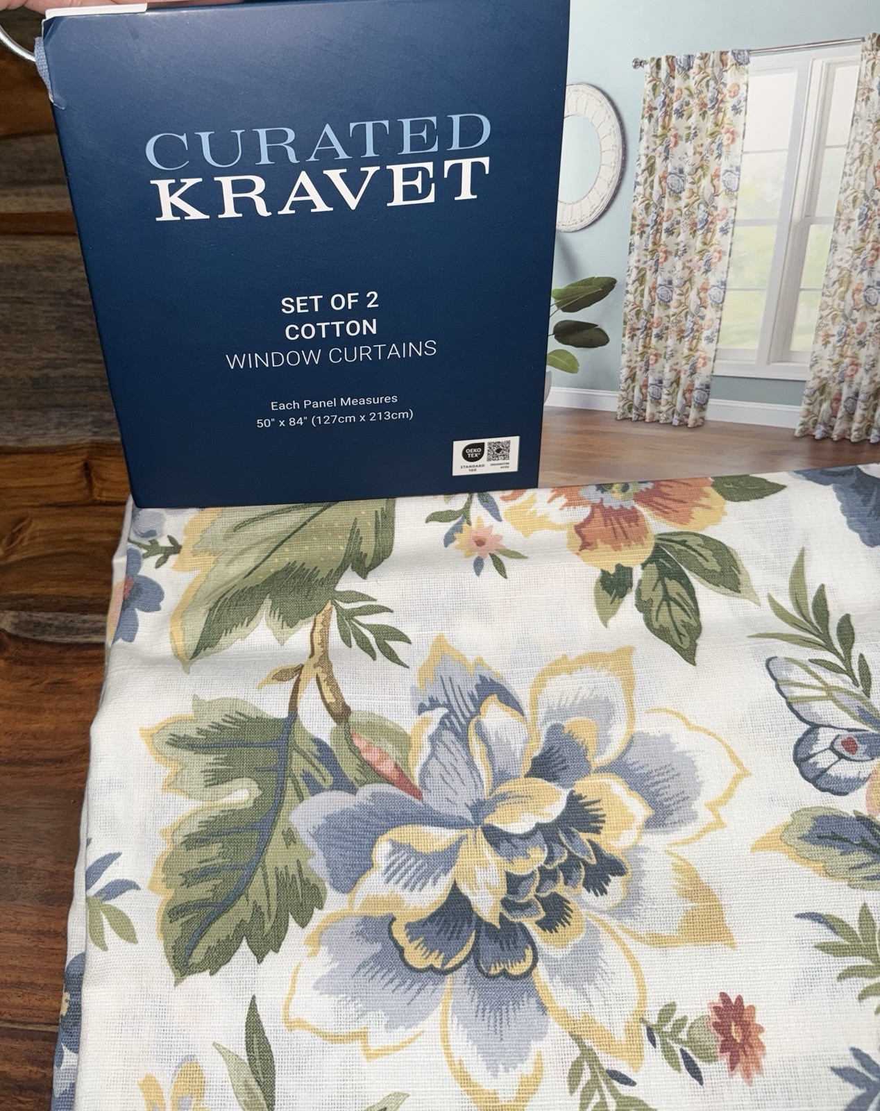 NWT Curated Kravet 2 pc Window Curtains Jacobean Floral Birds Cotton 50″ x 84″