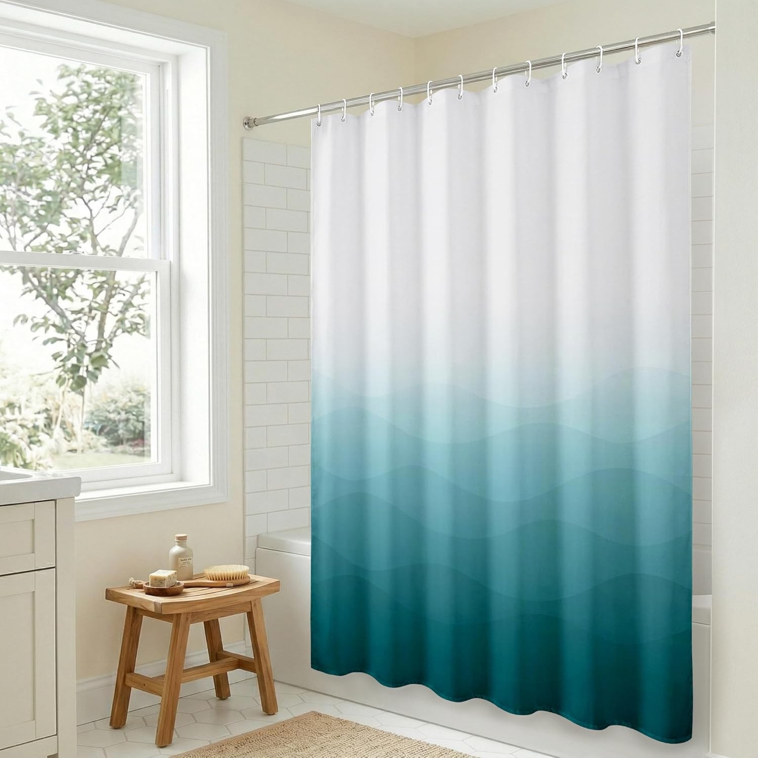 71×74 Wave Blue Ombre Shower Curtain – Water-Resistant Long Shower Curtain with