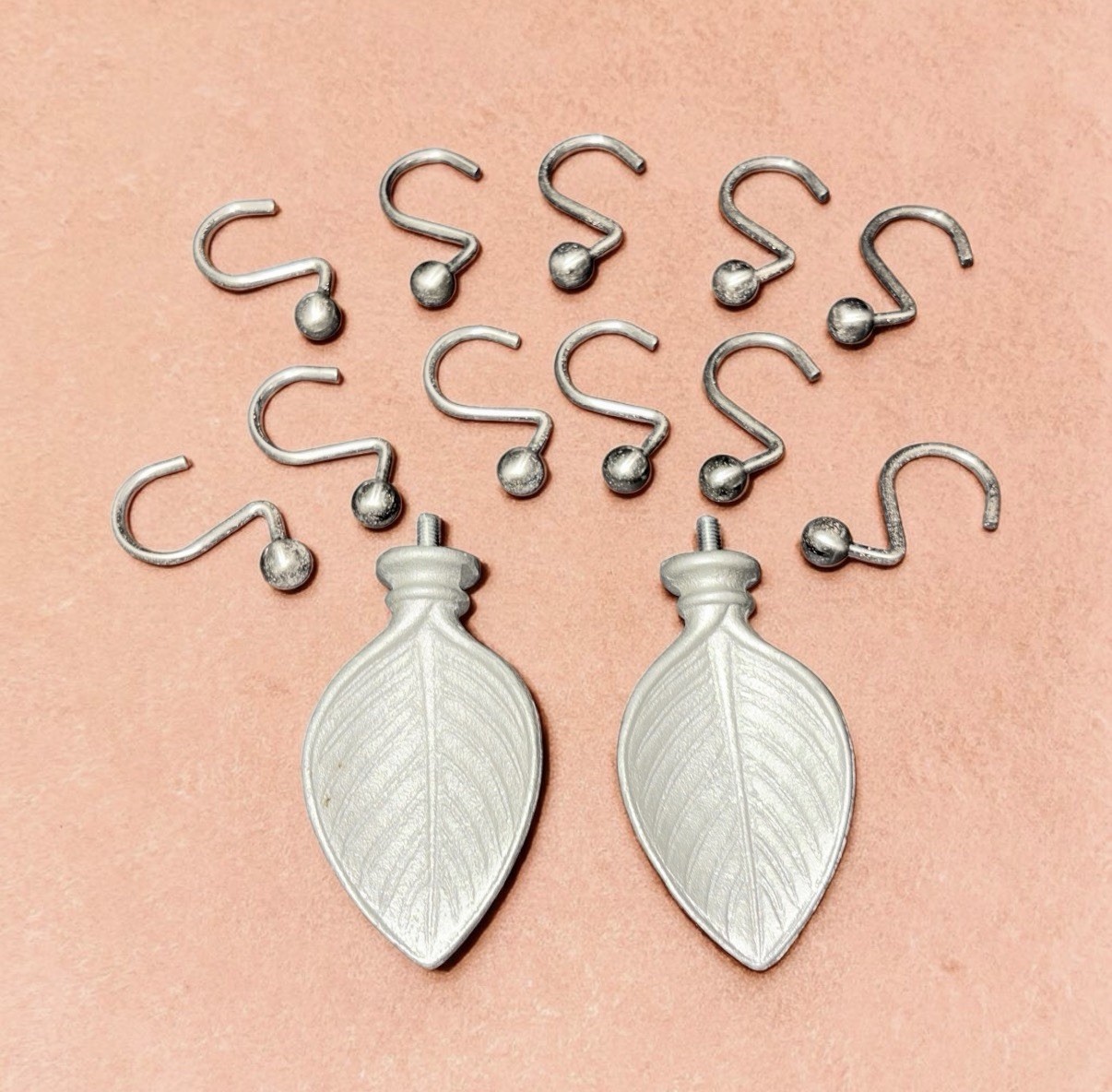 Silver Leaf Curtain Rod Finials and Ball End Shower Hooks Set 11 Piece Silver