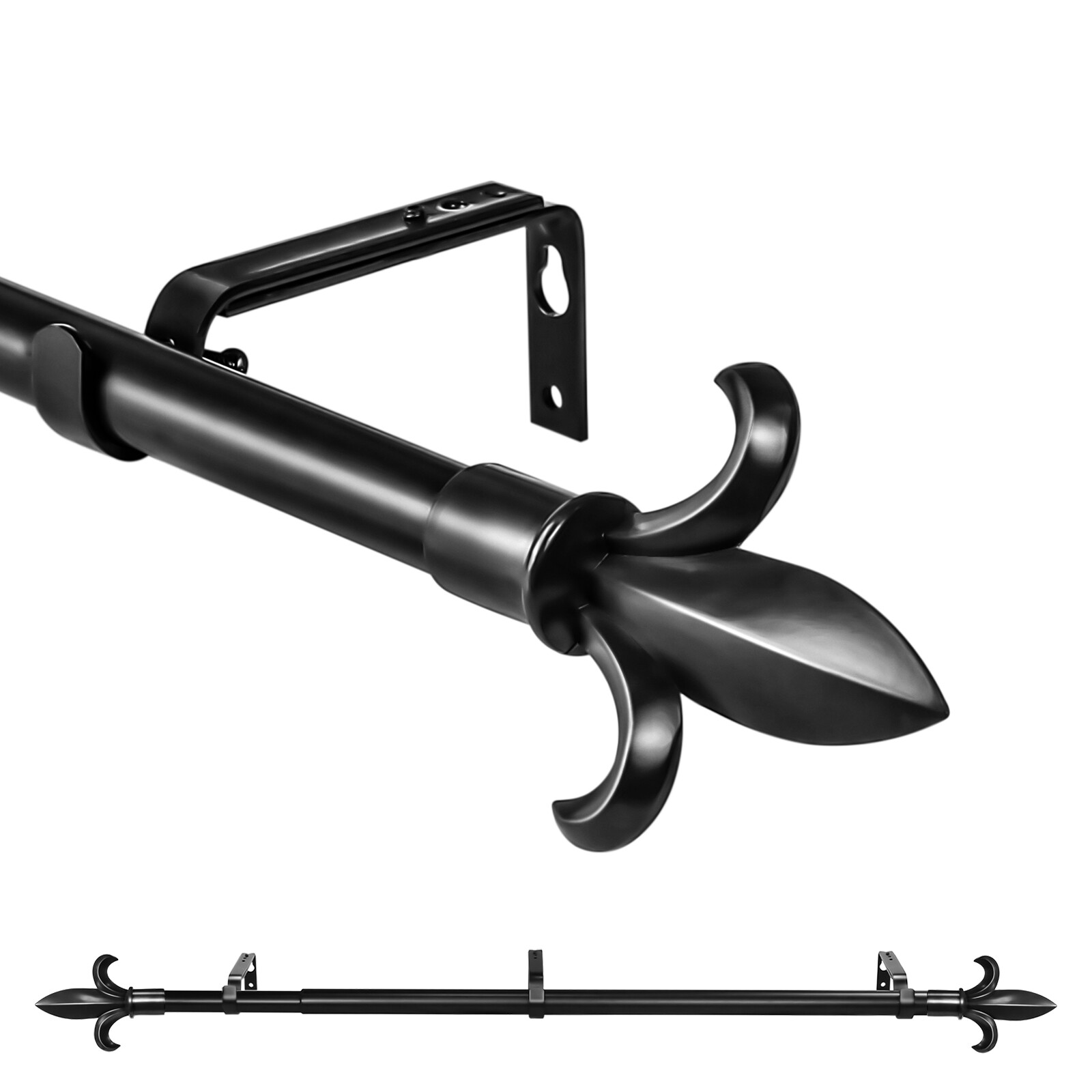 Classic Forged Iron Fleur De Lis Window Drapery Rod Set , 3/4″, 28″-120″