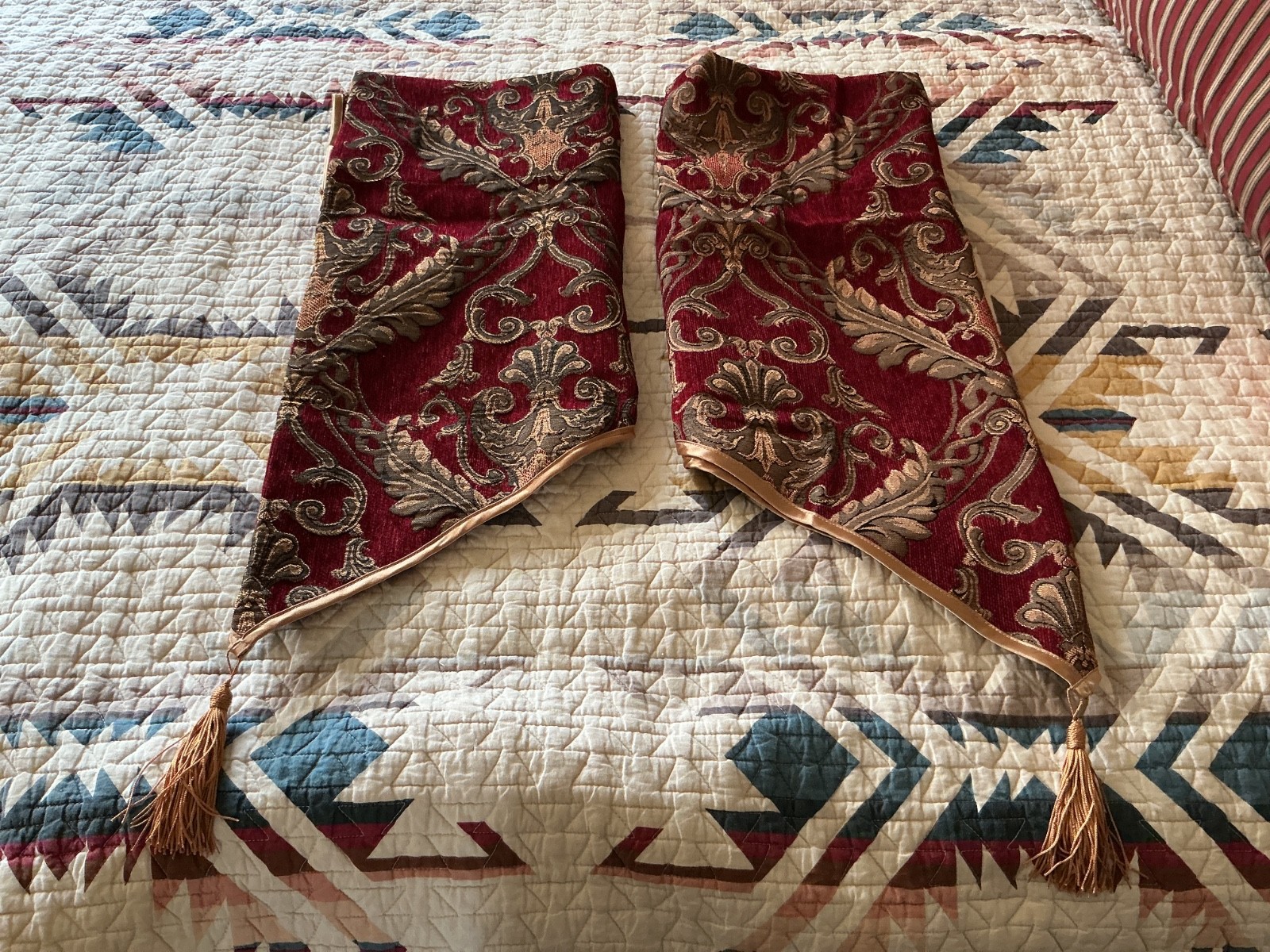 2 CROSCILL Imperial Damask Curtain Valances Red Gold Tapestry Medallion Luxury