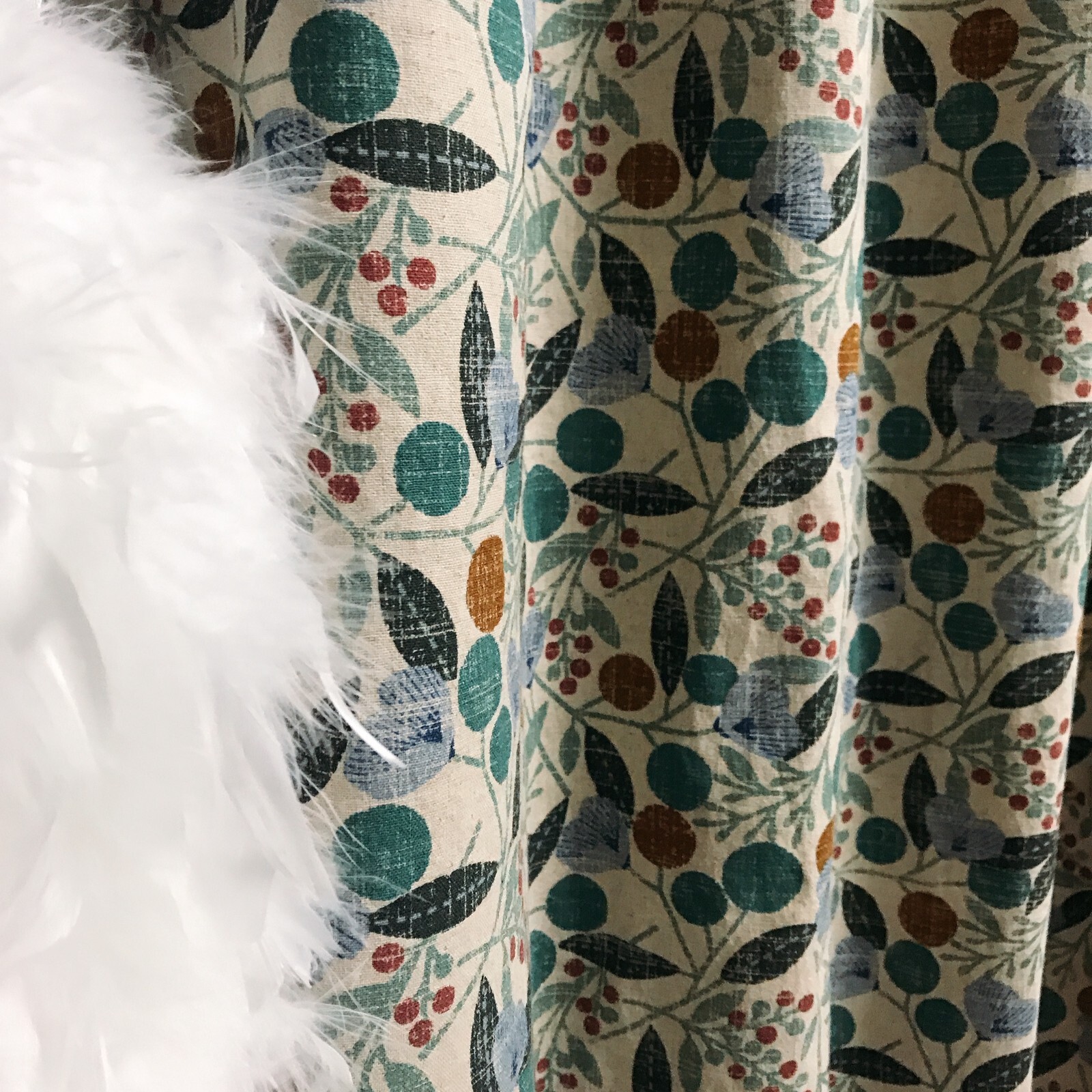 Modern Vintage Handmade Teal Cherry Blossom Pattern Natural Beige Curtain Panels