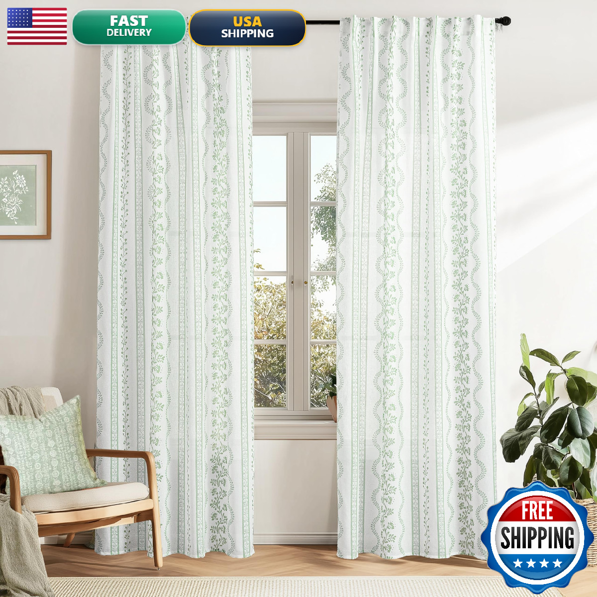 Lino Rosa Light Sage Green And White Vine Spring Curtains For Living Room
