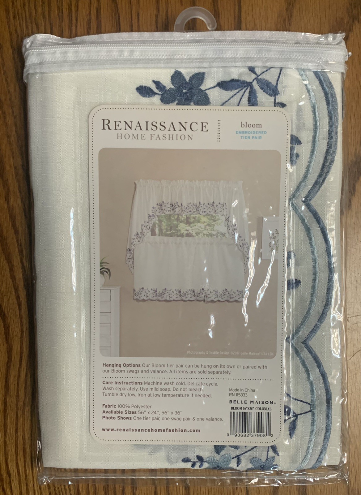 Belle Maison Bloom Renaissance Home Embroidered Tier Pair Blue White Floral 36″