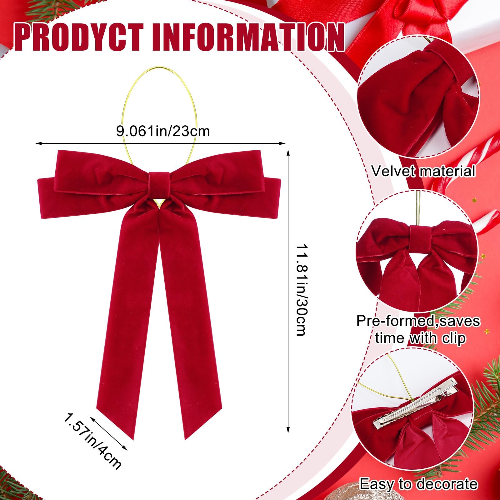 6 Pcs Christmas Red Velvet Double Bows 9 x 12 Inches Large Christmas Bows wit…