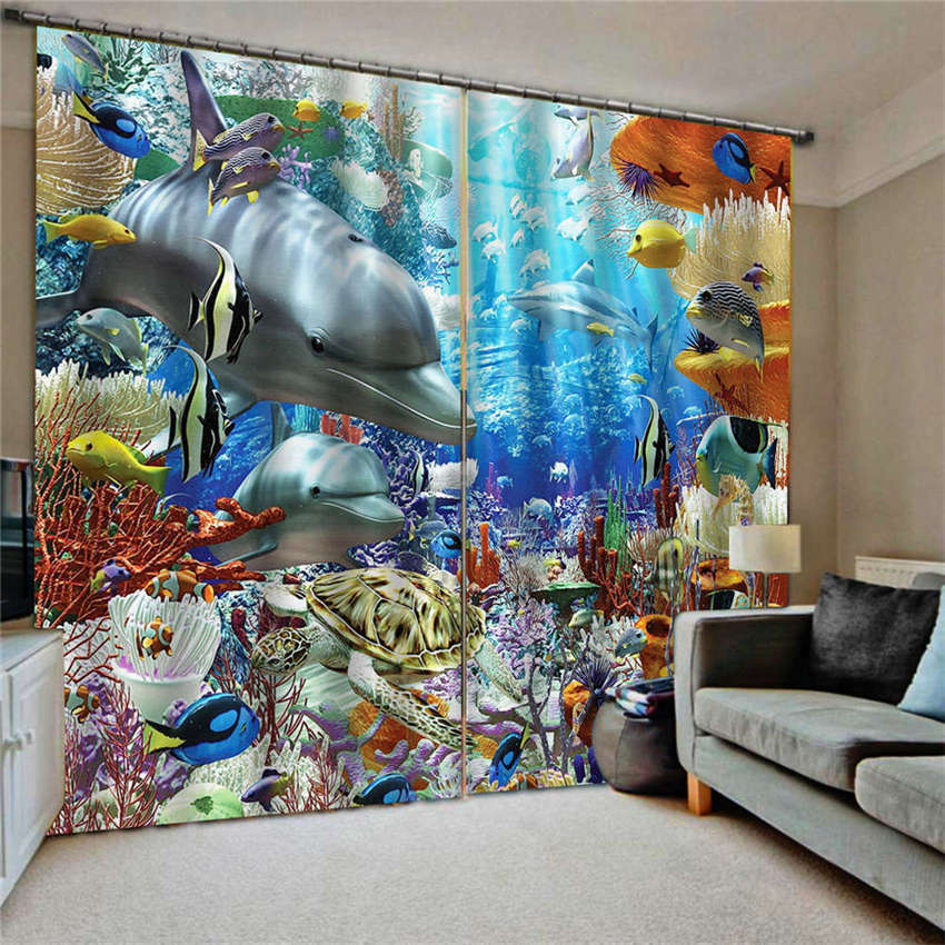 Bubble Blue Fish Orange Coral Printing 3D Blockout Curtains Fabric Window