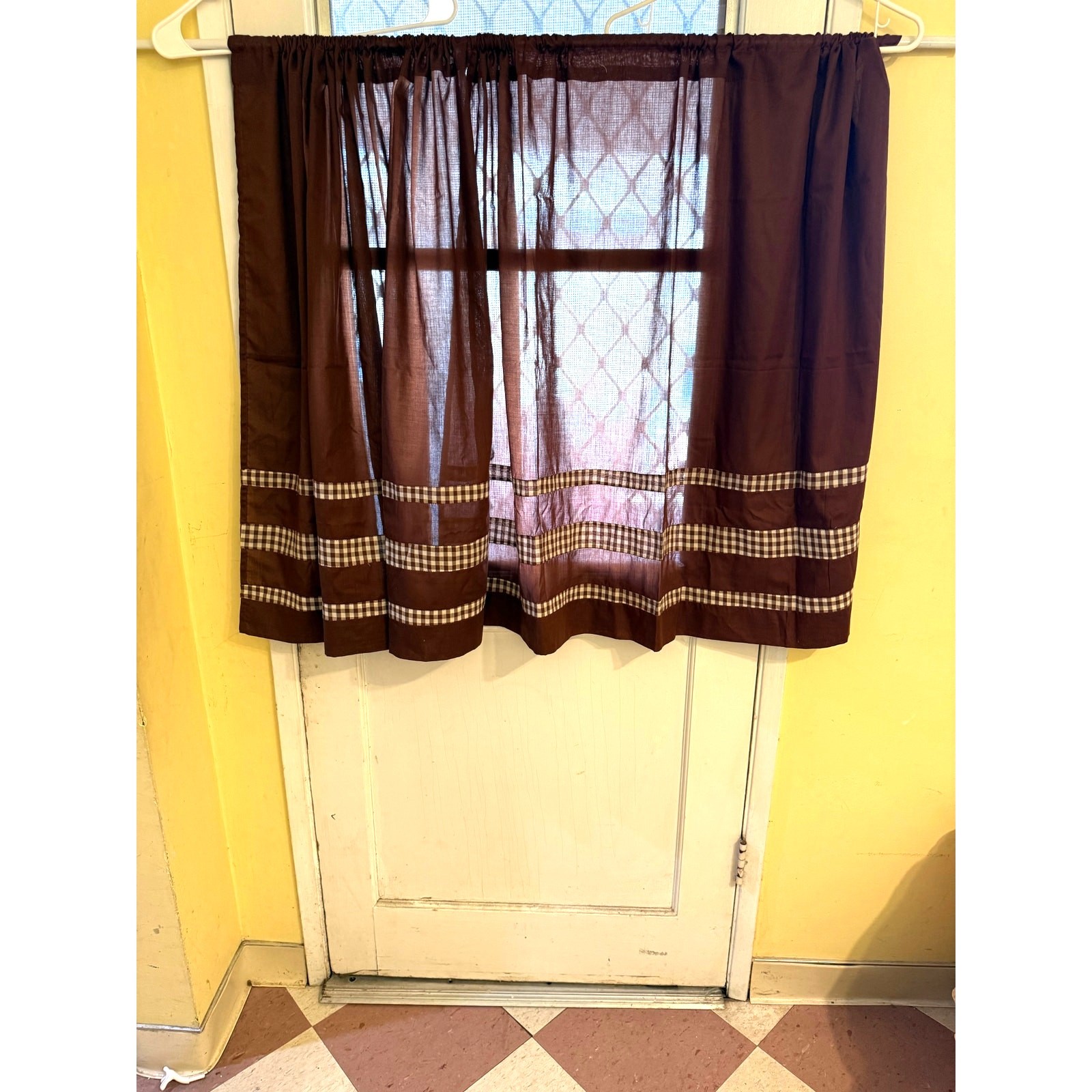 Vintage 1980s Handmade Brown Gingham Check Curtain Panels Set of 3 Cottagecore