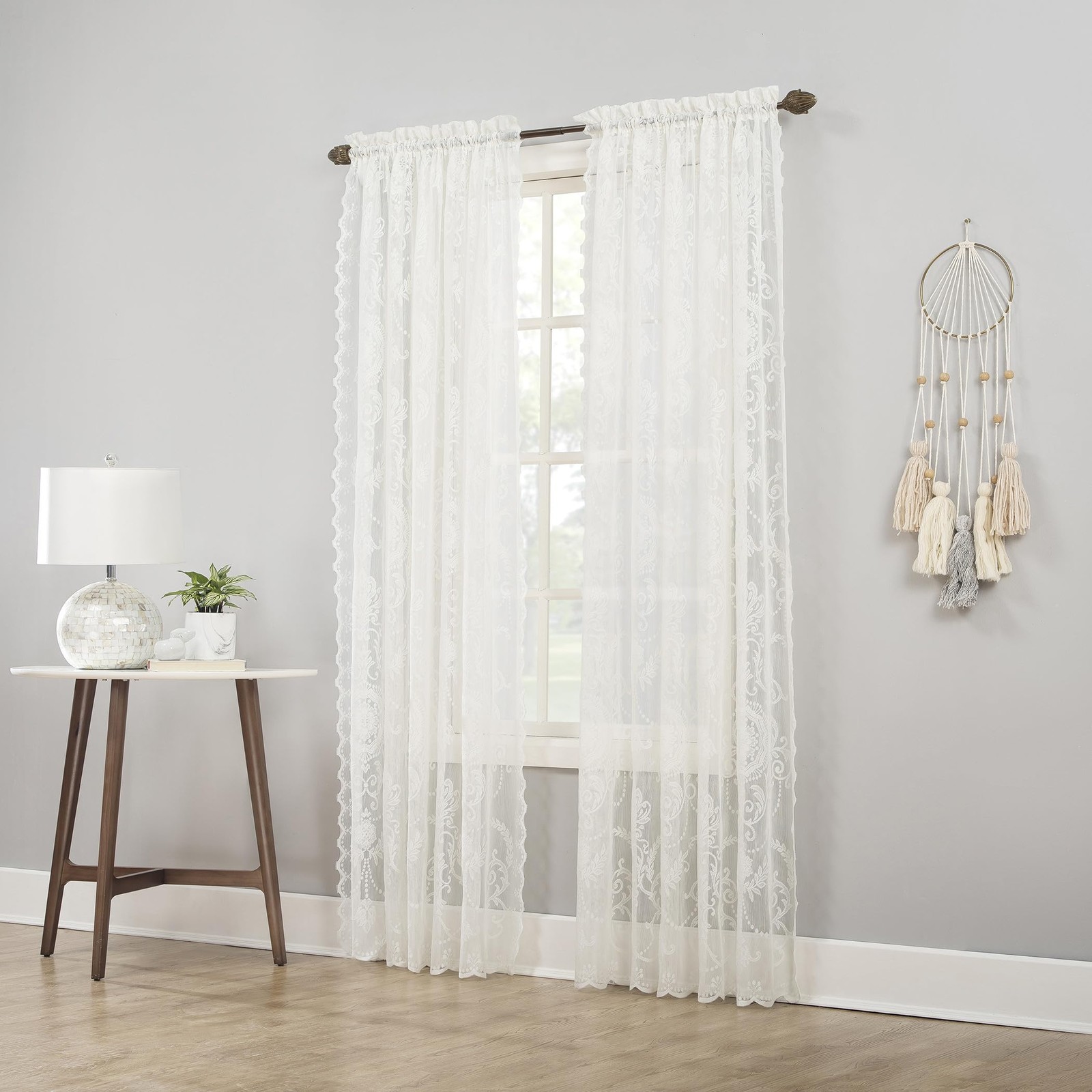 Ariella Floral Lace Rod Pocket Curtain Panel, 58″ x 63″, Ivory