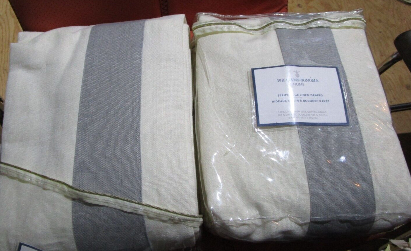 2 Williams Sonoma stripe edge border linen drapes panels 50 124 smoke New
