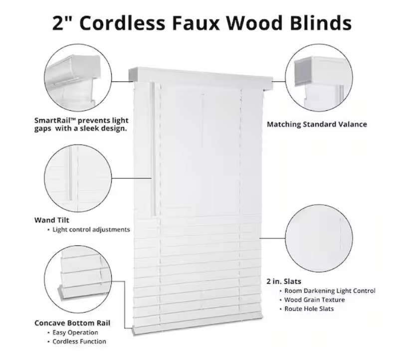White Cordless Faux Wood Blinds for Windows w/ 2 in 20.625 in. W x 64 in. L