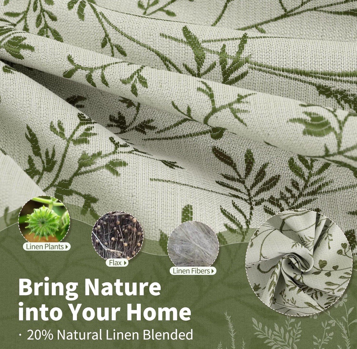 52×84 Bgment Green Leaf Linen Blend Curtains With Grommets 2 Panels