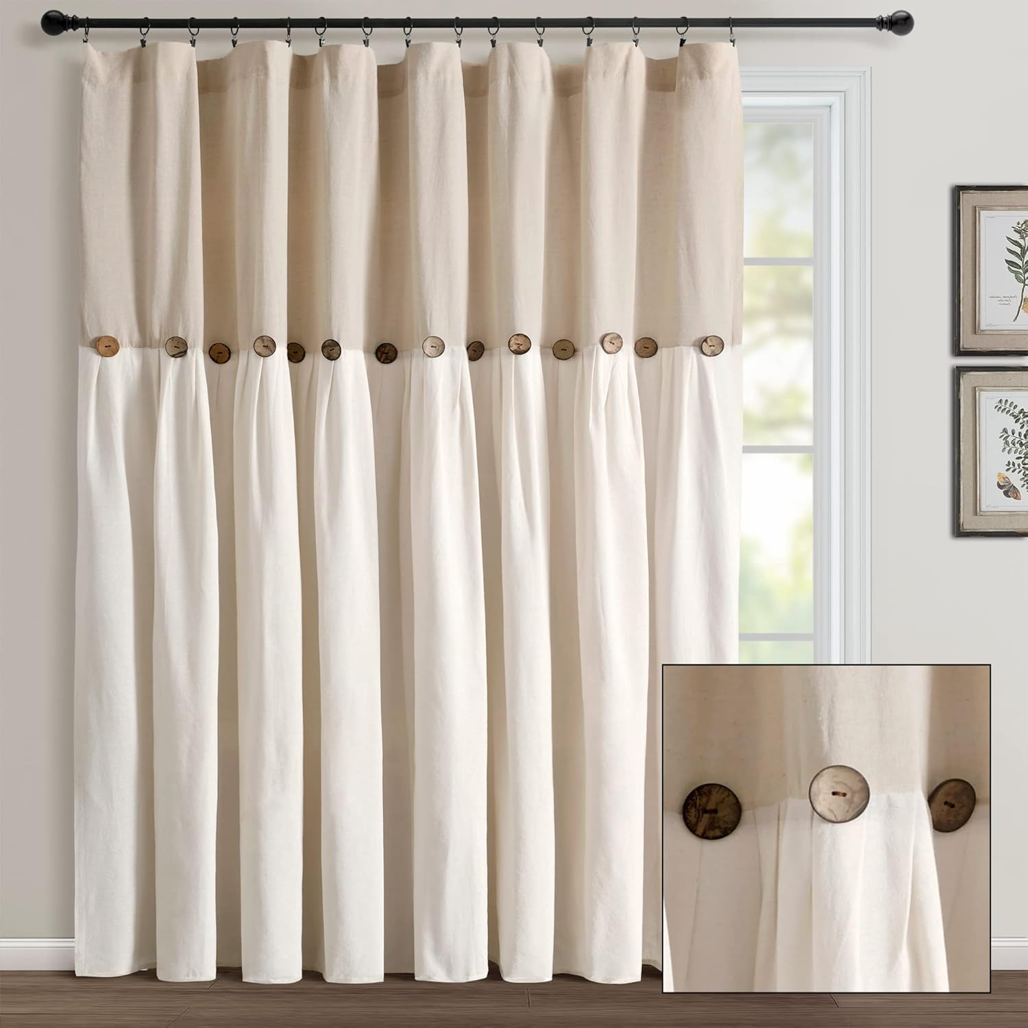 Linen Button Window Curtain Panel, 100″ W X 84″ L – Farmhouse Style