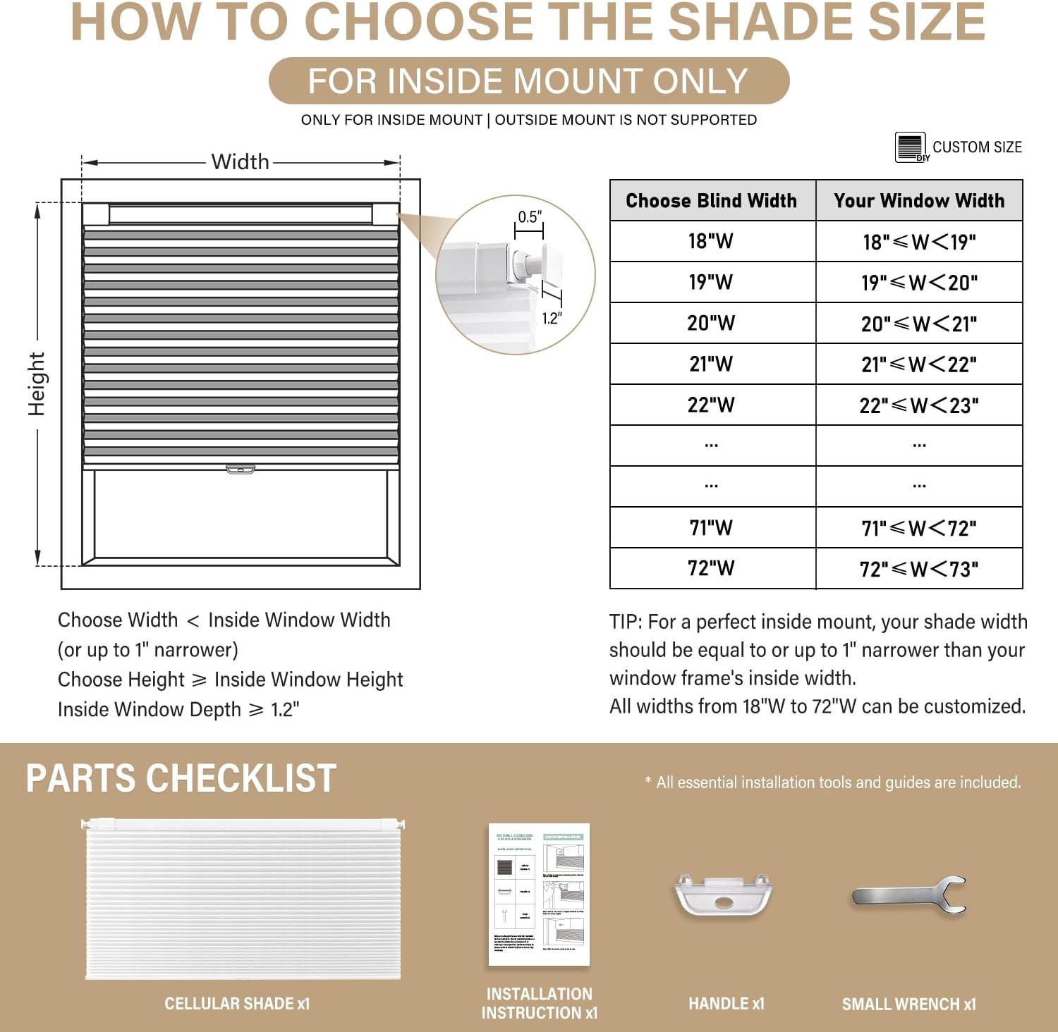 No Tools No Drill Cordless Cellular Shades Blinds for Indoor Windows, Light Filt