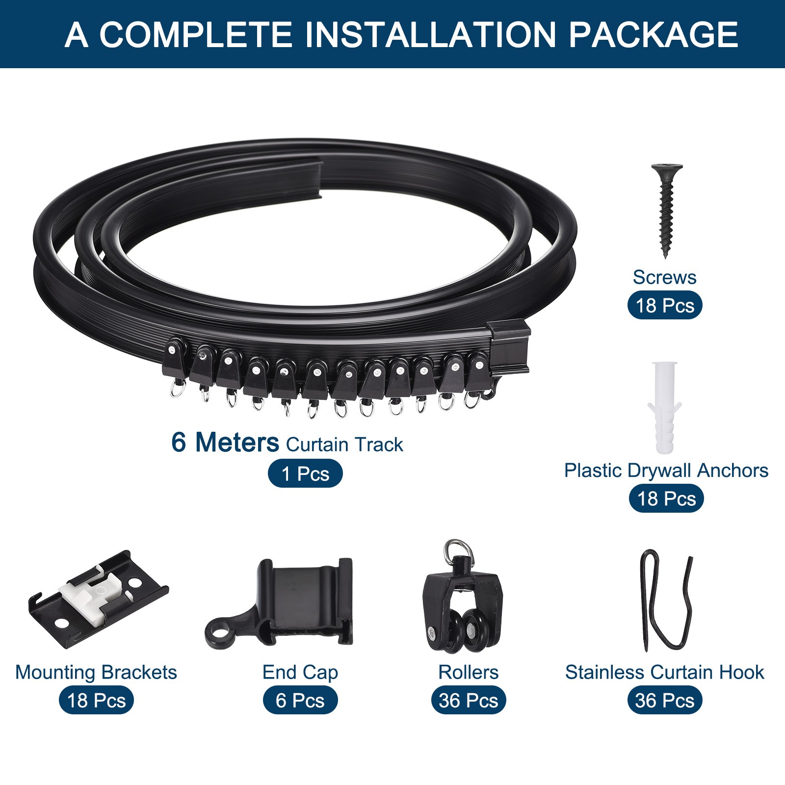 Flexible Curved Ceiling Curtain Track Bendable Mount Black 19.7ft