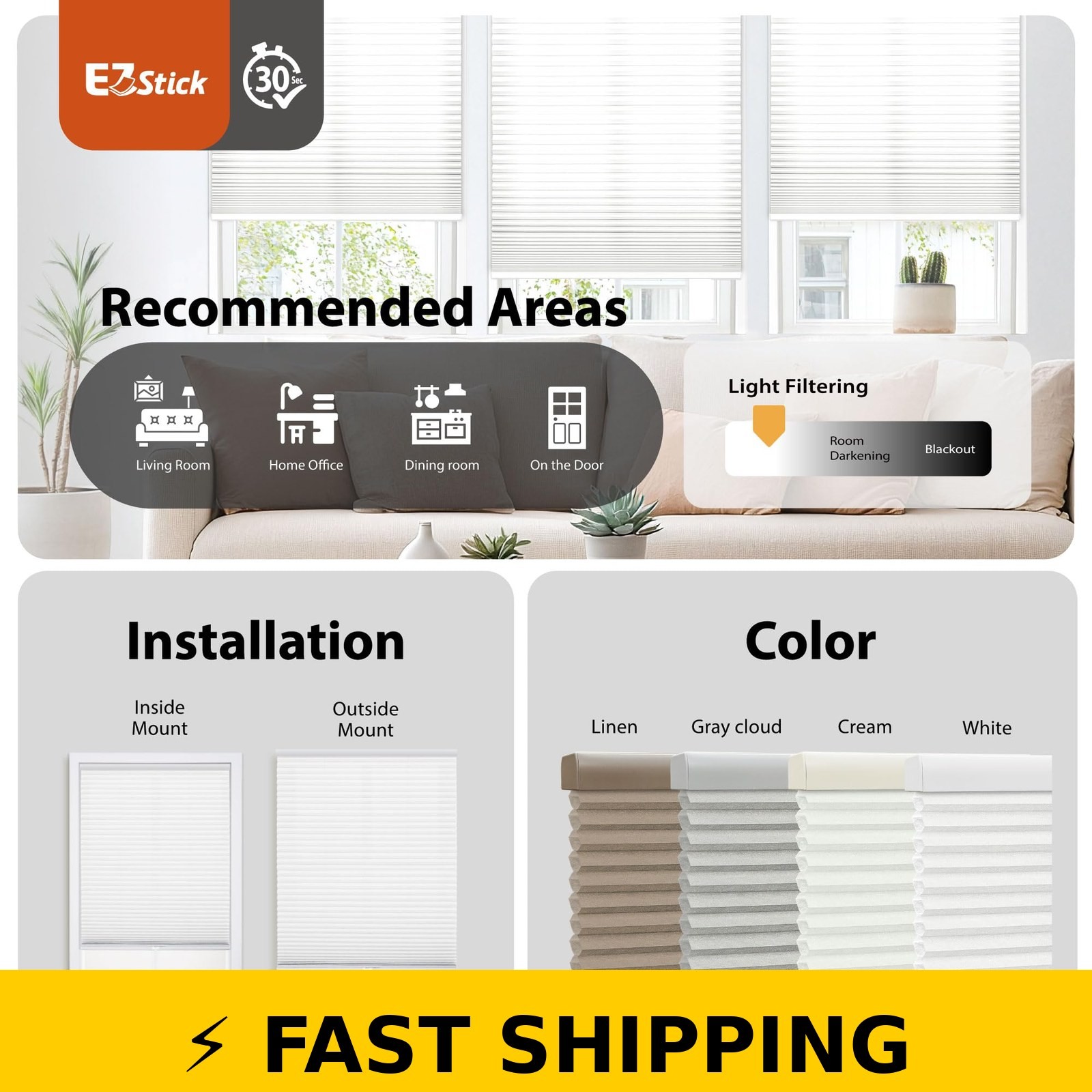 DEZ FURNISHINGS EZ Stick No Drill Cordless Cellular Shade 36.5″ x 48″ Gray