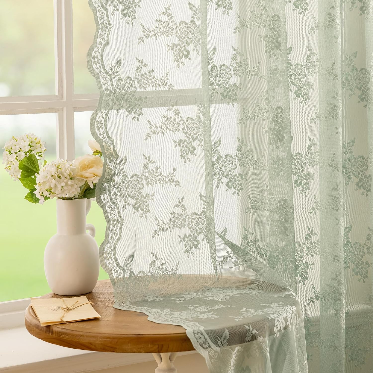 Lace Sheer Curtains 63 Inch Length Sage Green Spring Curtains Vintage Victorian