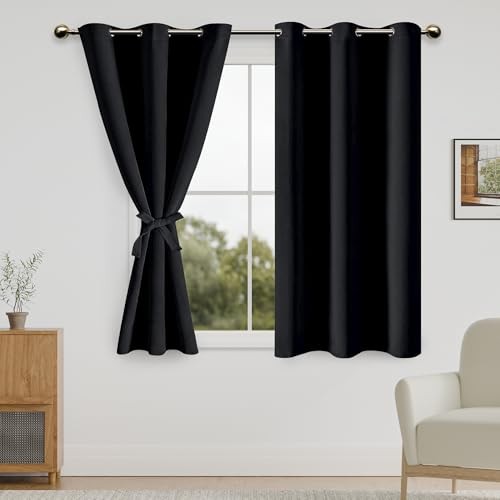 out Curtains for Bedroom with Tiebacks – Thermal 38″W x 54″L (Pack of 2) Black