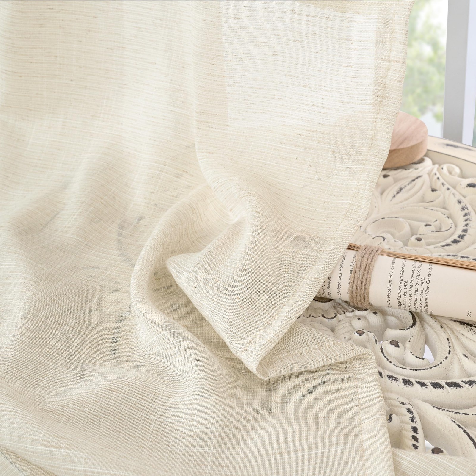 Linen Curtains 36 Inch Length for Kitchen 30″W x 36″L (Pack of 2) Light Beige