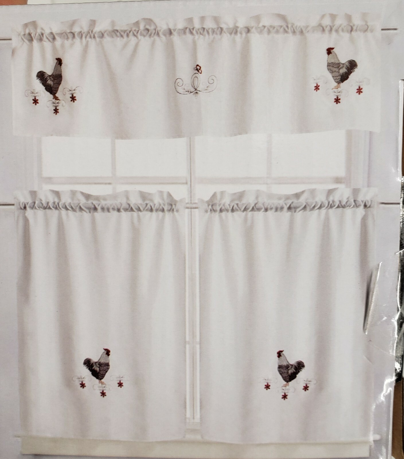 Embroidered Window Curtains Set:2 Tiers 28×36″&Valance 56×15″ MORNING ROOSTER,RH