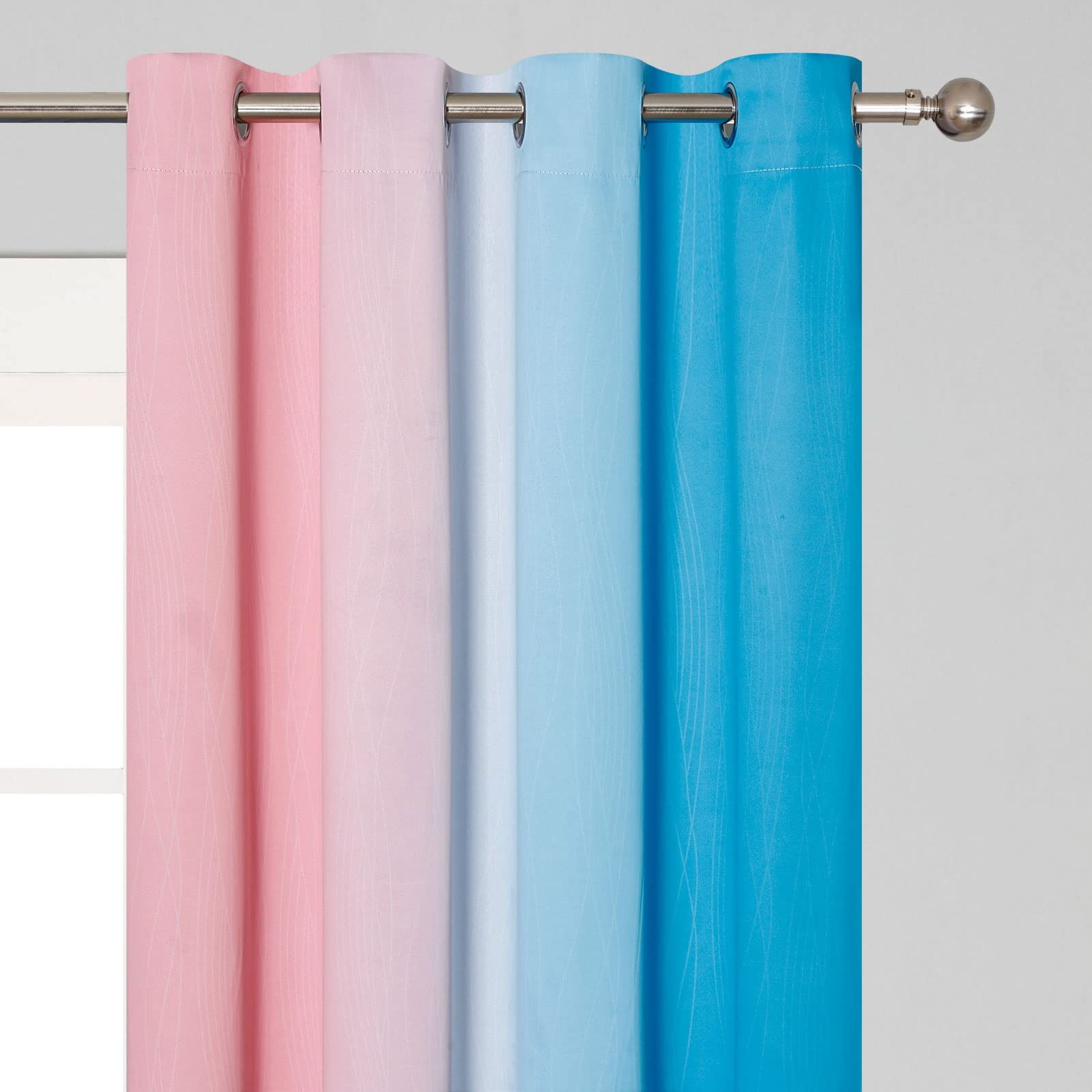Pink and Blue Blackout Curtains 84 Inches Long,Ombre and Wave Line Pattern Gr