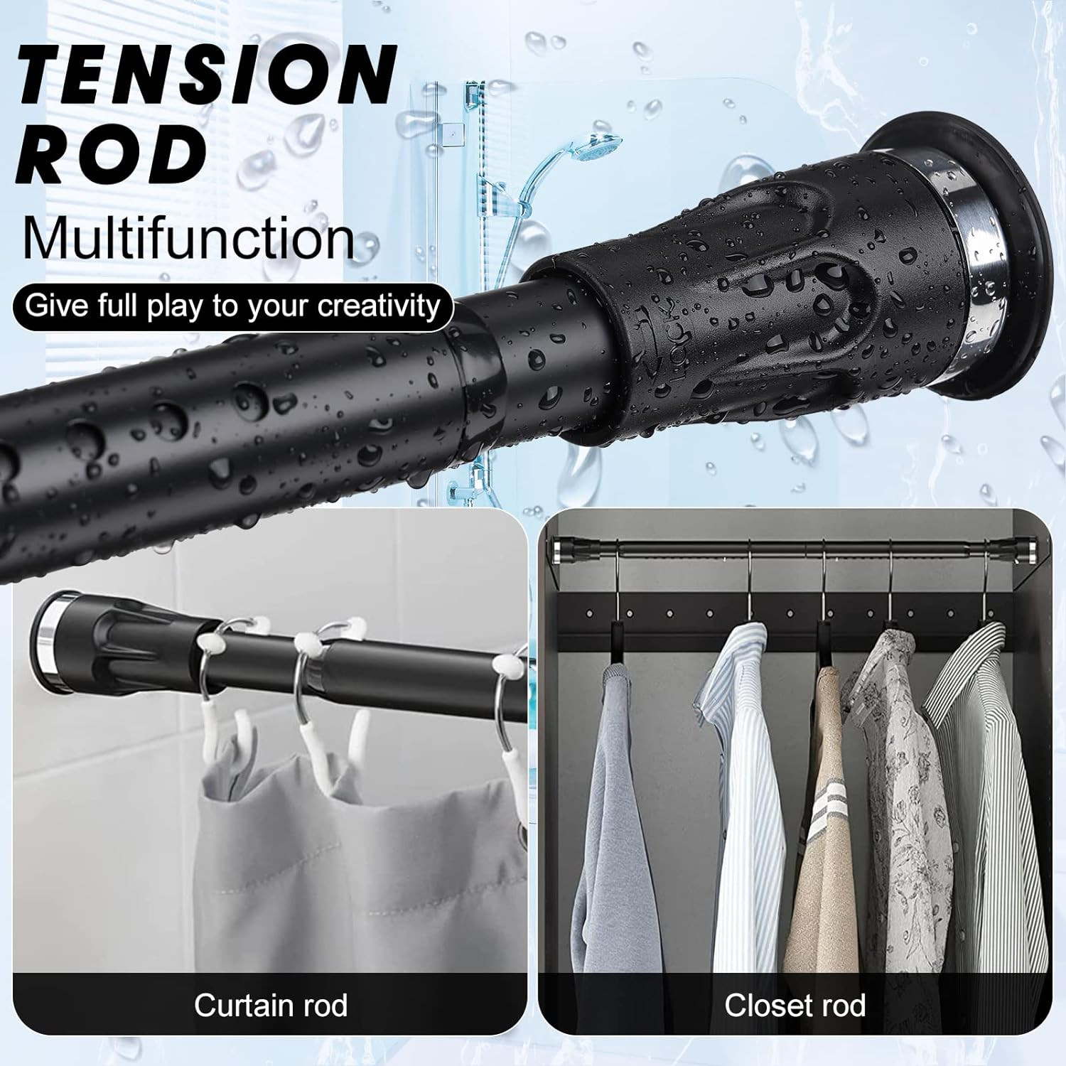 Tension no drill or wall mounted drill shower Curtain closet Rod 60″~115″ Long