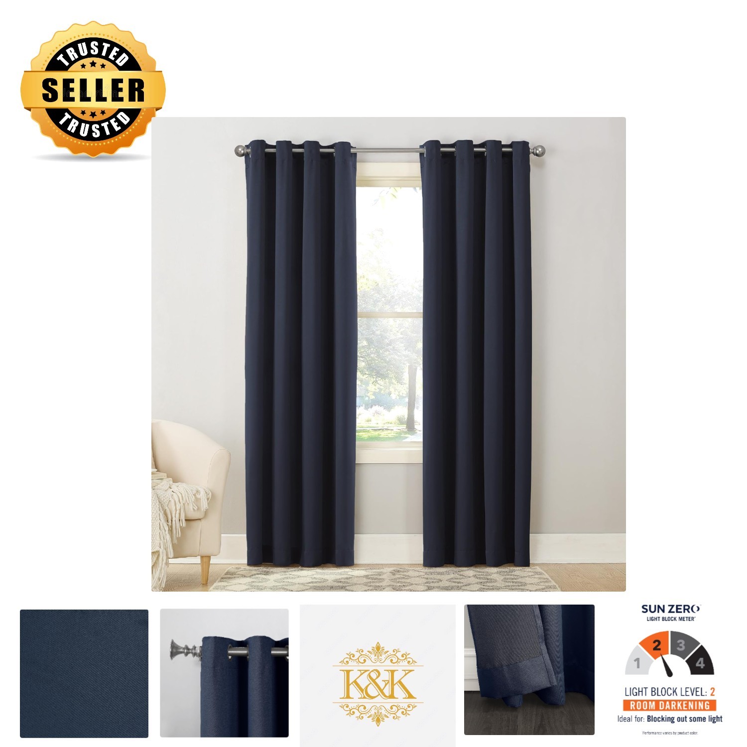 Navy Blue Energy Efficient Grommet Curtain – Room Darkening 54”w x 108”l Panel
