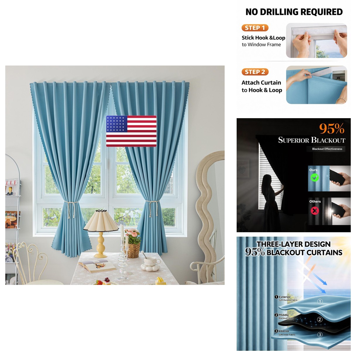 Jilron Magic Tape Stick On Blackout Curtains Sky Blue 35″x71″ L 2 Panels