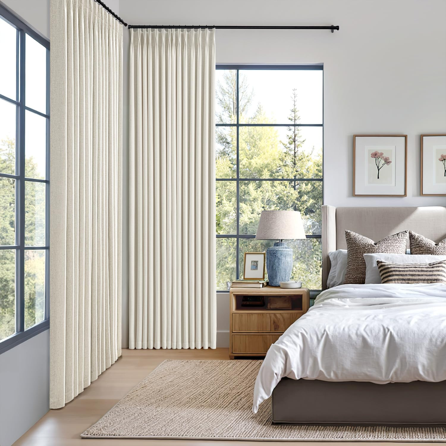 Natural Pinch Pleated 100% Blackout Linen Curtains 90 Inch Length 2 Panels Set,