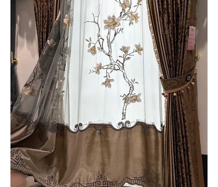 luxury European Embroidery valance shade coffee Velvet curtain tulle M1802