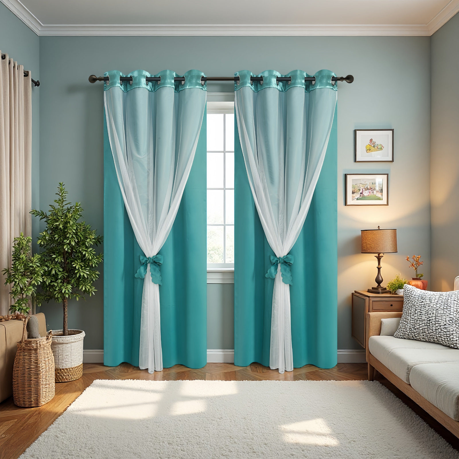 2 Panels Double Layered Curtains with White Sheer Tulle, Grommet Drapes