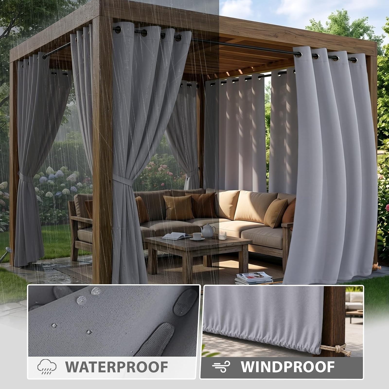 BONZER Outdoor Curtains Waterproof Blackout 52W x 84L inch Silver