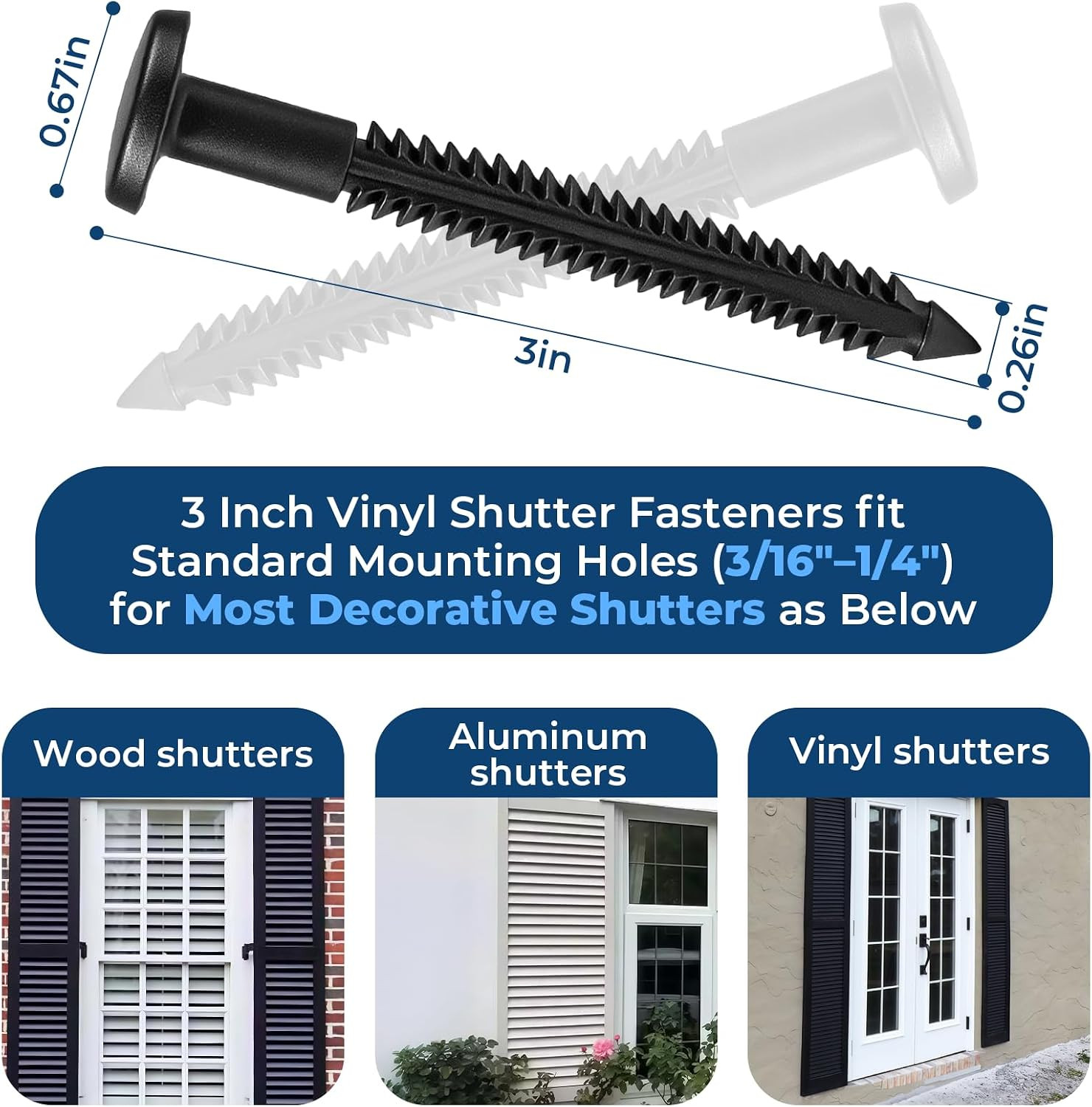 60 Pcs 3 Inch Vinyl Shutter Fasteners Heavy-Duty Shutter Loks for Exterior Decor