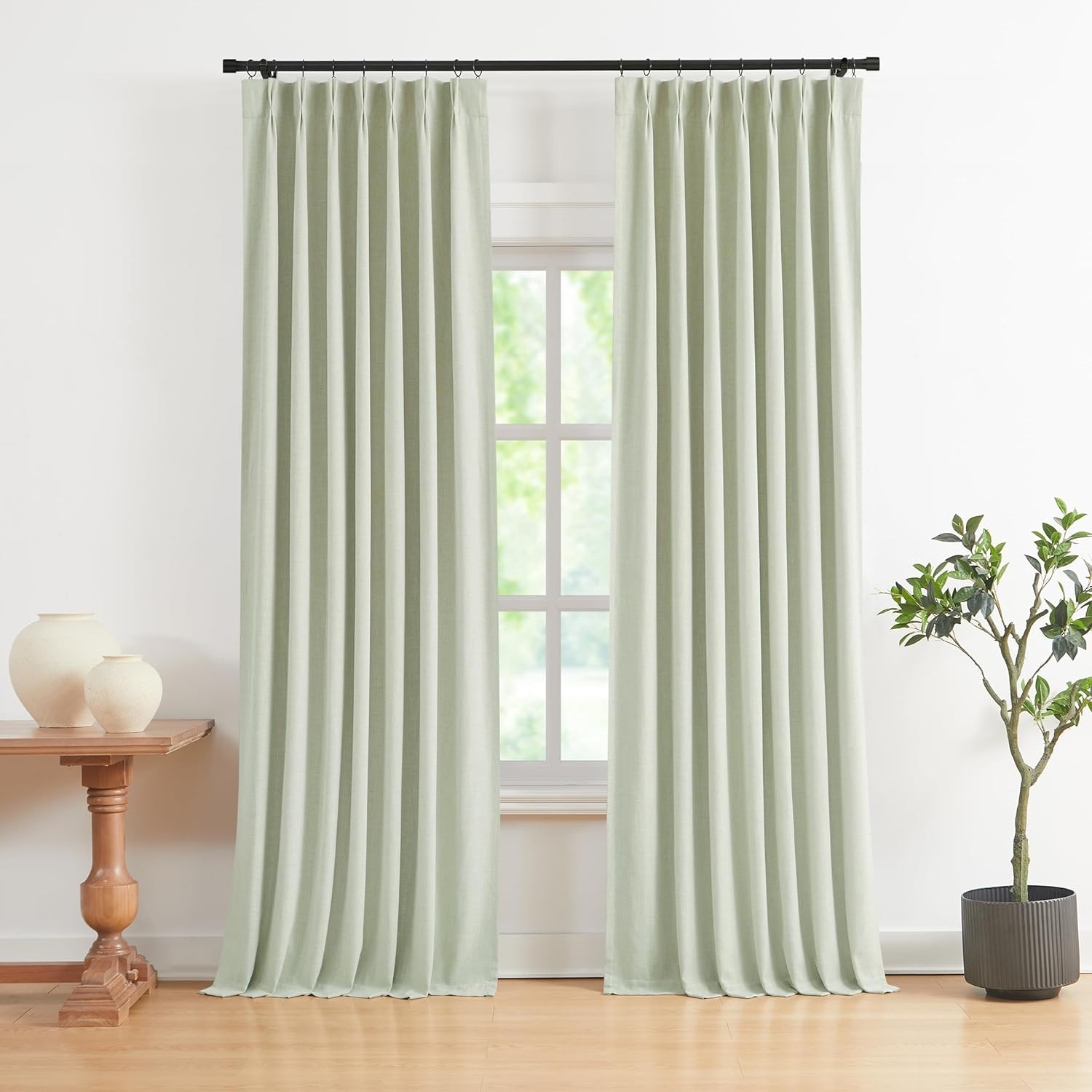 Soft Green Pinch Pleated Blackout Curtains 120″ Thermal Insulated Drapes 2-Pack