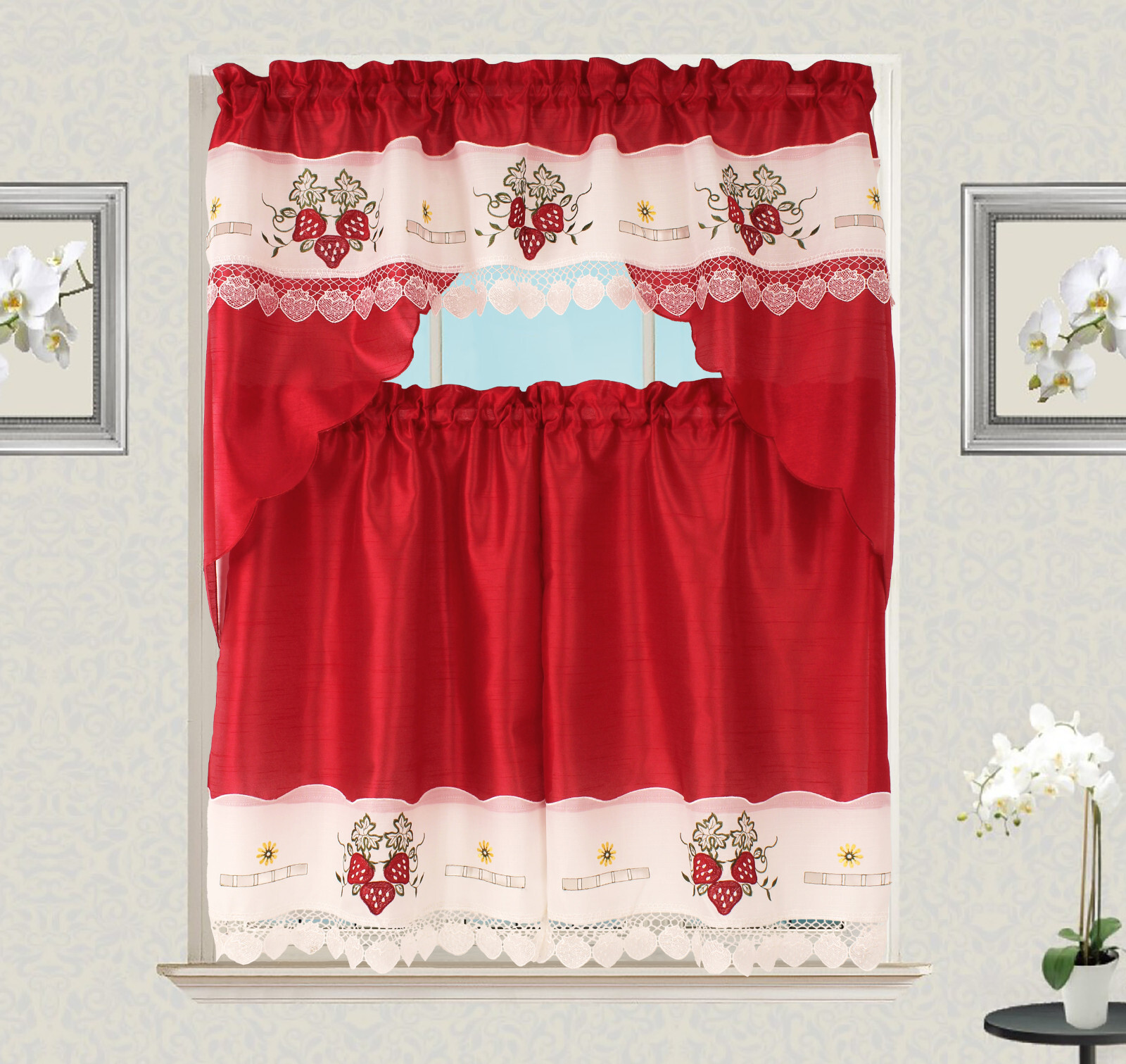 Strawberry Macrame Embroidery Design Kitchen Curtain w Swag and Tier Set 36 inch