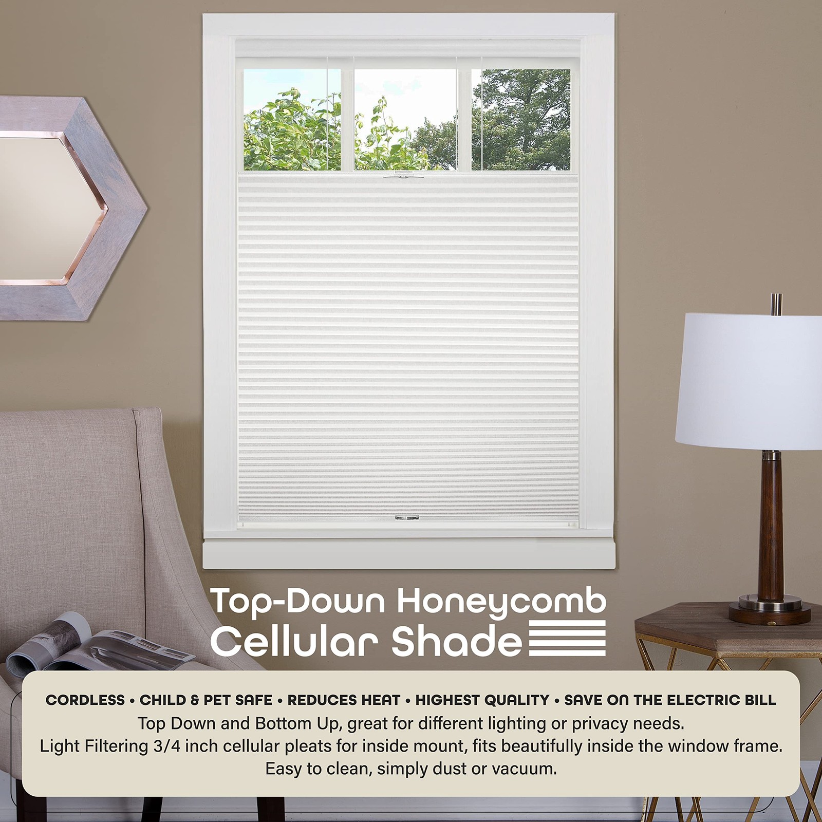 Cordless Cellular Pleated Window Shades – 27 Inch Width, 64 Inch Length – Whi…
