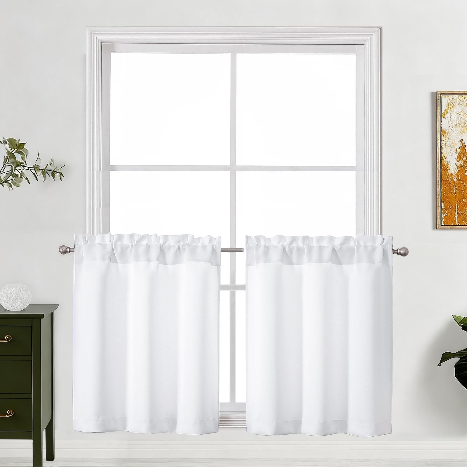 Pure White Curtain 24 Inch Length 2 Pcs, Light Filtering Modern Short Kitchen…