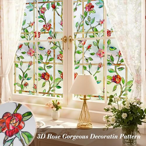 Stained Glass Window Privacy Film:3D Rose Bathroom 16.9 x 39.4IN Red