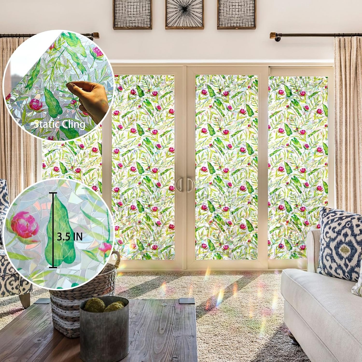 Rainbow Effect Floral Window Privacy Film – Easy Static Cling, 17.5” x 78.7”