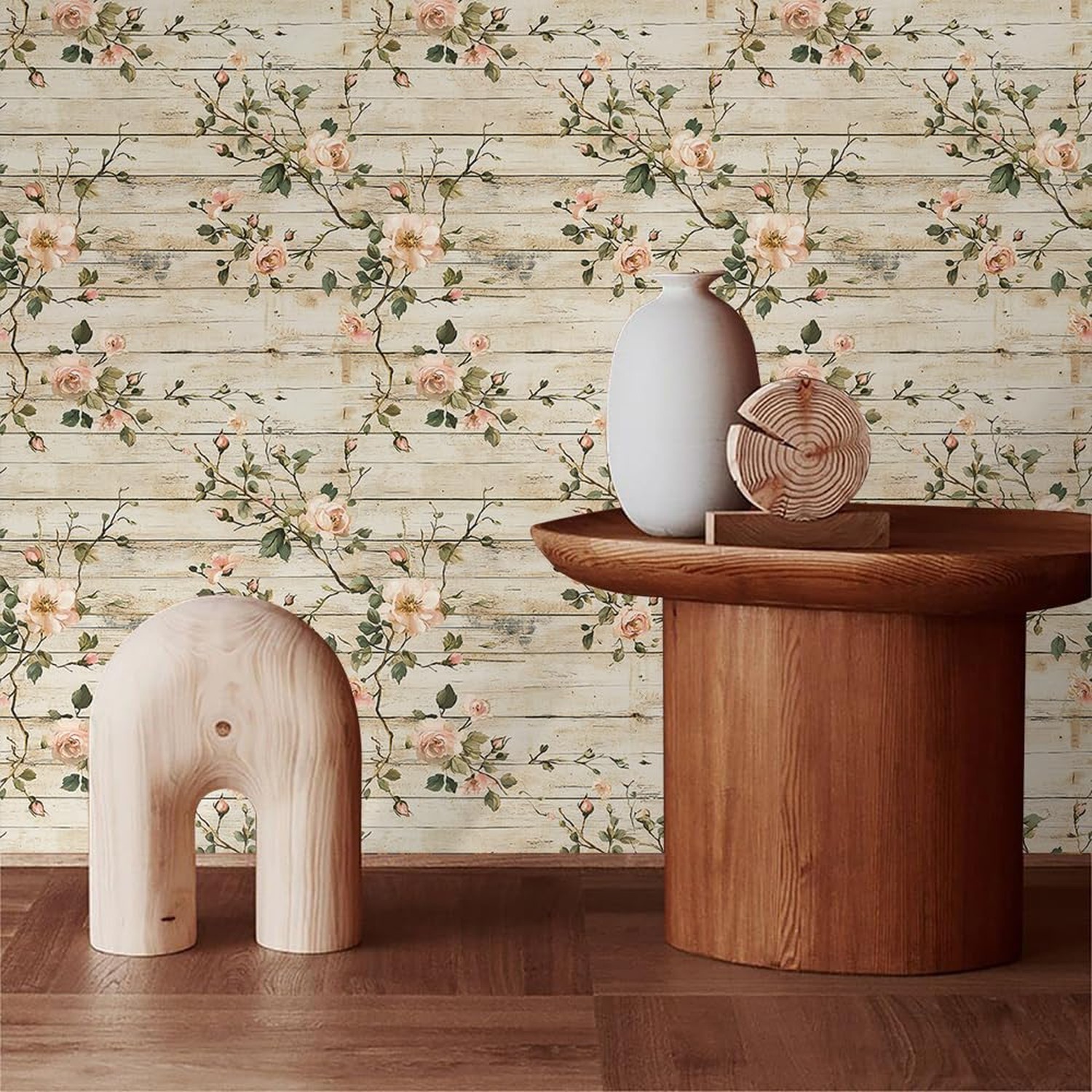 Rustic Wood Pink Wildflower Vine Rose Flower Peel and Stick Wallpaper Contact…