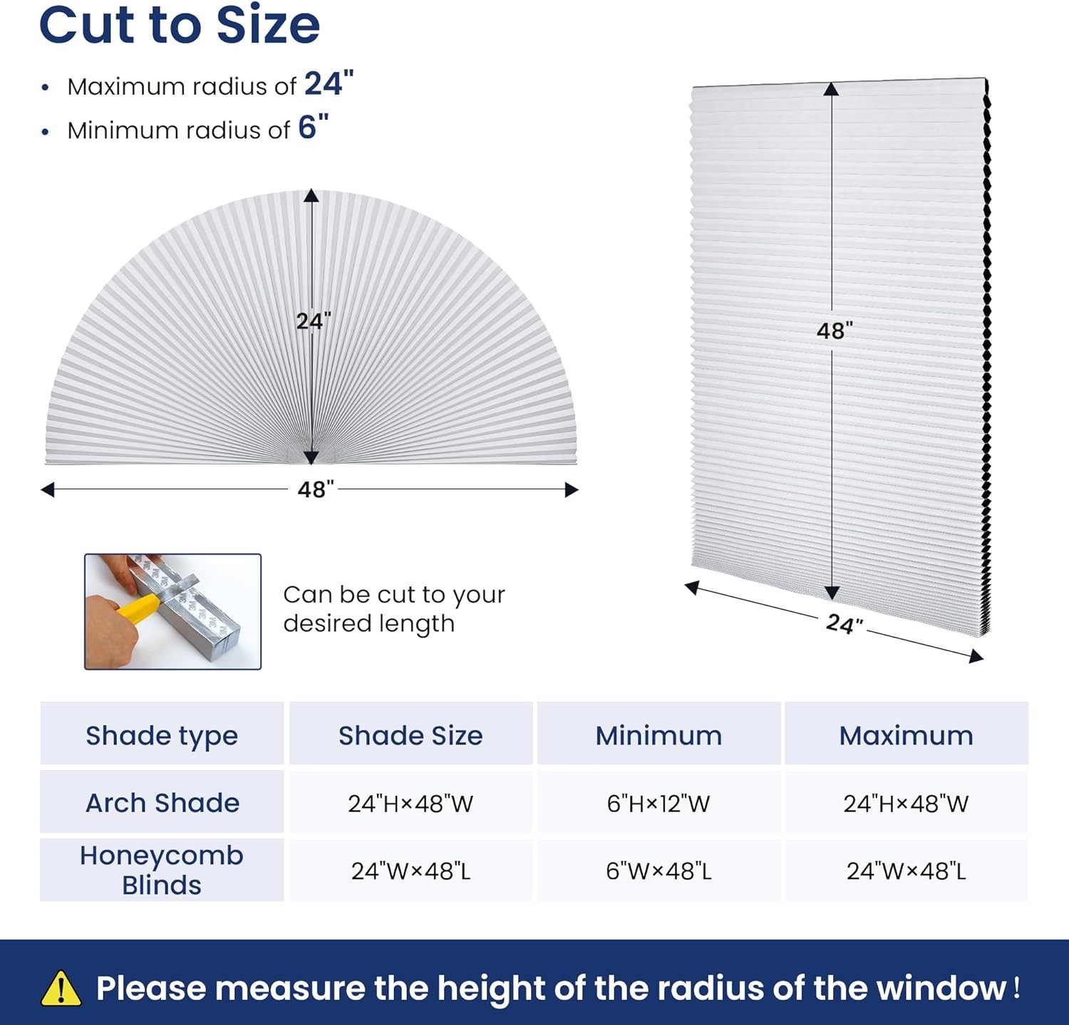 Blackout Window Shades Honeycomb Blinds for Half Circle Windows 24×48 White