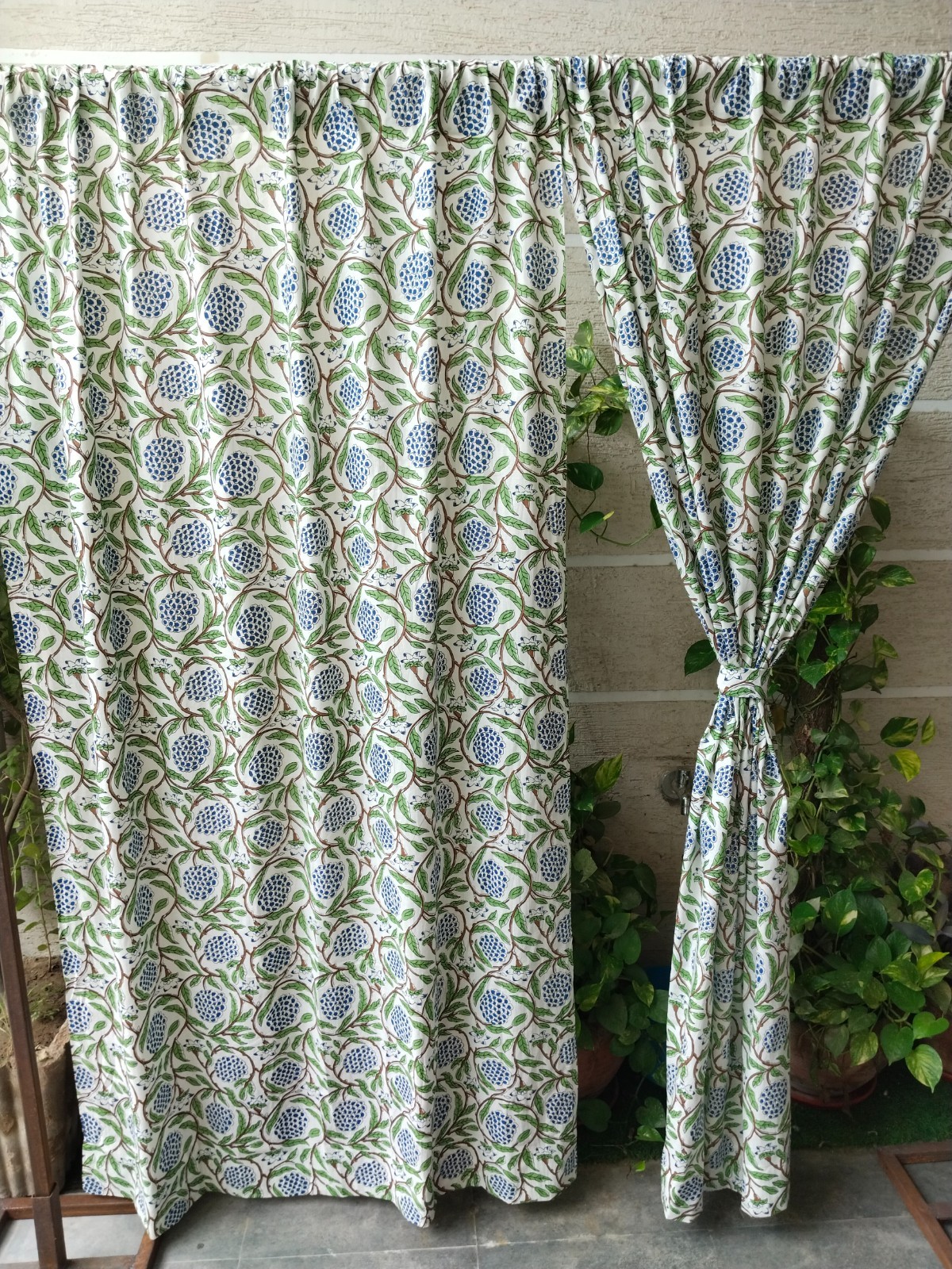 Hand Block Print Cotton Curtain Set, Blue Floral Boho Drapes