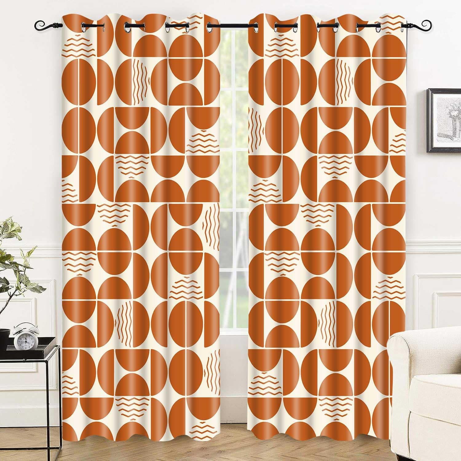 Retro Orange Patterned Curtains 2 Panels, Modern Boho Circle Mid Century Blackou