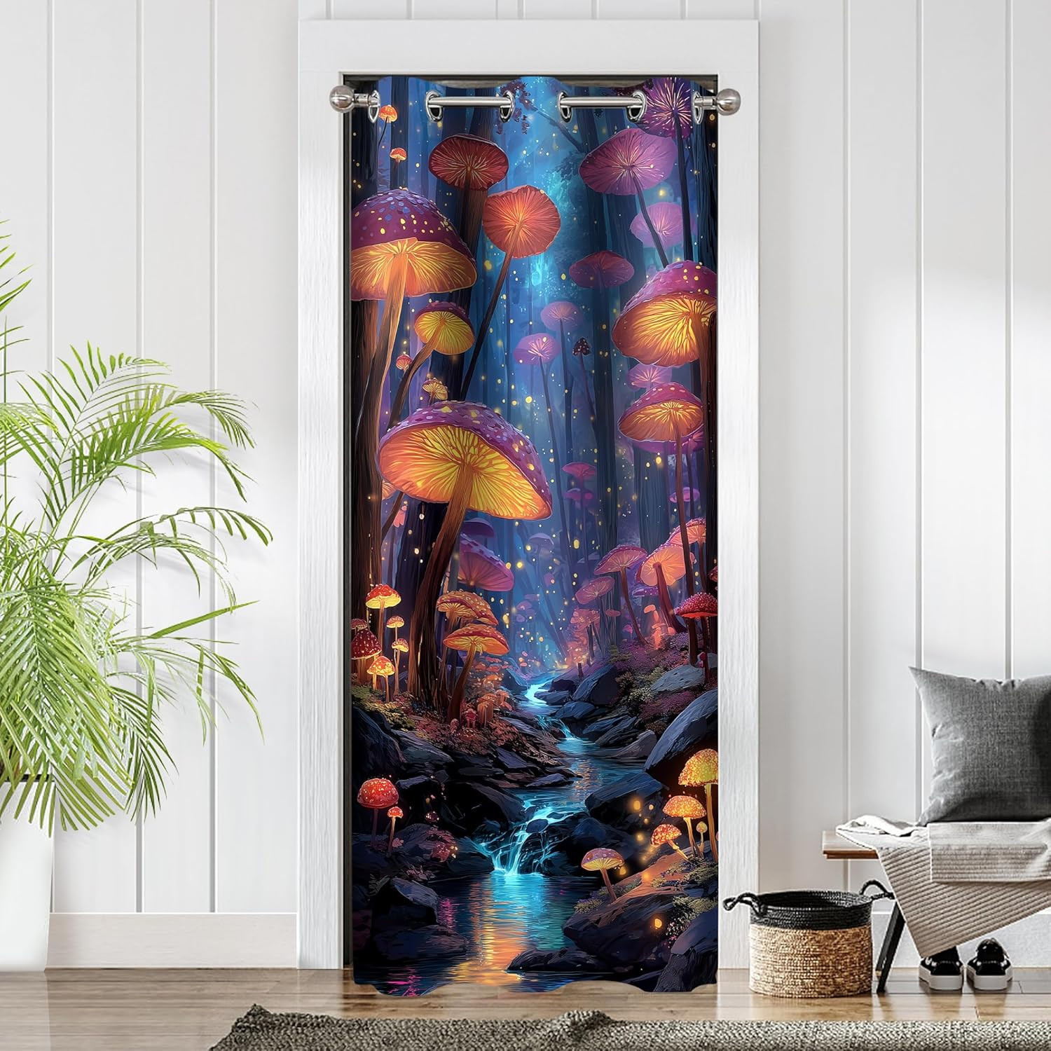 Mushroom Door Curtains for Doorways, Fantasy Boho Fairy Forest Botanical Blackou