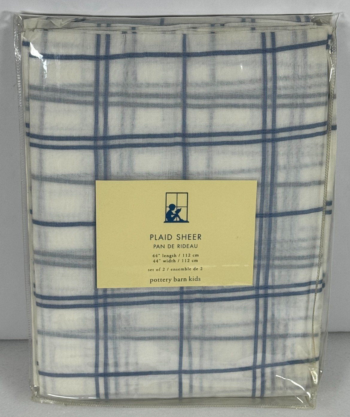 Pottery Barn Kids Plaid Sheer Curtains 44″x44″ Blue 100% Cotton SET OF 2 Panels