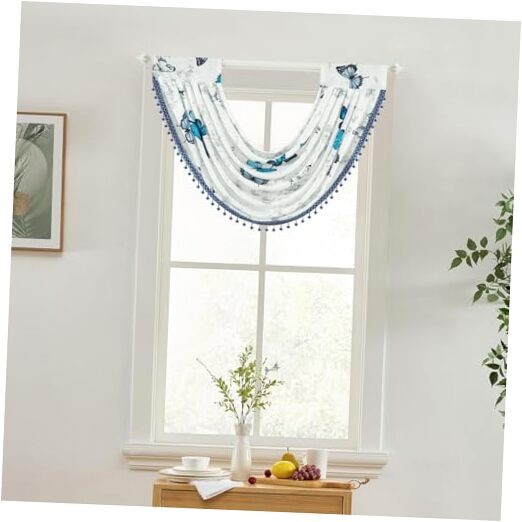 Vintage Print Voile Waterfall Valance 30″W x 24″L (Pack of 1) Blue Butterfly